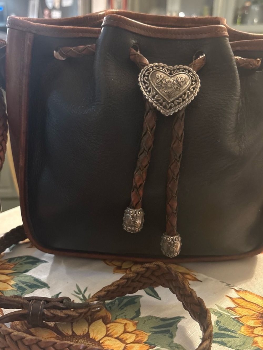 Brighton Brown and Tan Braided Leather Crossbody with Heart Concho